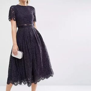 NWT ASOS Crop Top Lace Midi Prom Sheath Dress Navy Size 4 Feminine Cap Sleeve